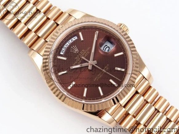 0125 SunProtective Day Date 40 RG JDF 904L Steel Brown Textured Stick Dial on President Bracelet VR3255 V3 (Gain Weight) 1359